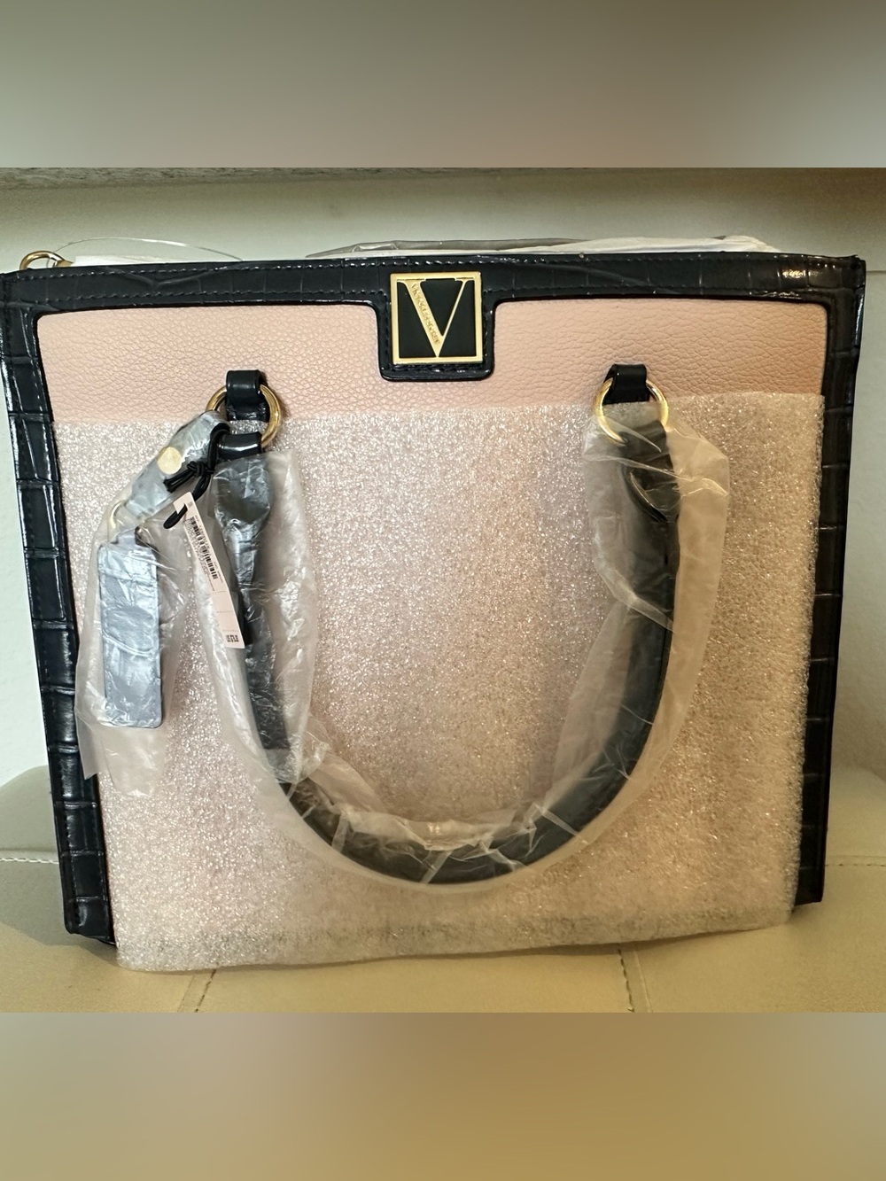 Victoria's Secret Black & Blush Faux Leather Tote with Gold V Emblem